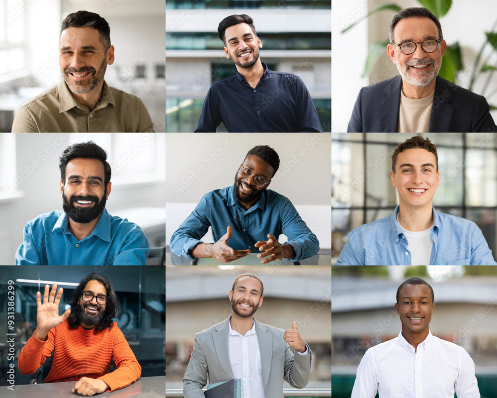 Poster a diverse group of men, showcasing various styles and expressions, engages in light-hearted conversa