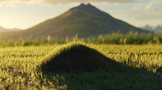 A small molehill casts a prominent shadow while a beautiful mountain stands in the background during the golden hour of sunset