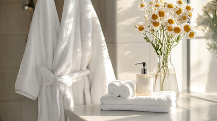 cozy white bathrobe draped near a stack of folded towels and a glass vase filled with daisies in a sunlit bathroom