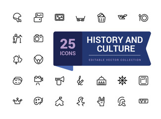Museum icons set. Pixel perfect, minimalistic web and UI icon. Outline icons collection. Editable vector illustration. Isolated on white background.