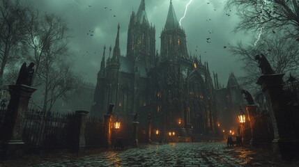 Gothic cathedral with jack-o'-lanterns and lightning

