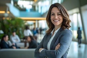 Obraz premium businesswoman stands in the lobby of an office building