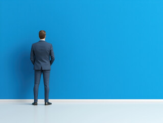 Fototapeta premium A businessman stands in front of a bright blue wall, symbolizing isolation, contemplation, and future possibilities in a corporate setting.