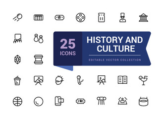 Museum icons set. Pixel perfect, minimalistic web and UI icon. Outline icons collection. Editable vector illustration. Isolated on white background.