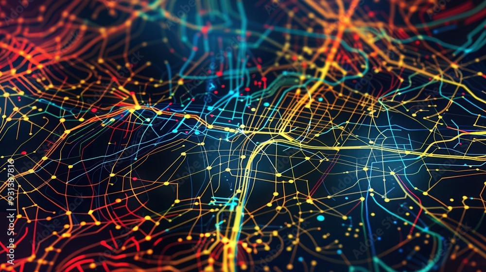 Poster colorful roads and routes dynamically crisscross a stylized map, illustrating connectivity and direc
