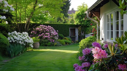 Fototapeta premium Garten: Landscaping and Gardening in the Sun. Home Garden with Rhododendron Flowers