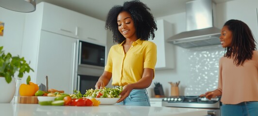 Bustling kitchen scene featuring two women engrossed in food prep