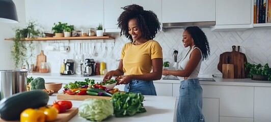 Bustling kitchen scene featuring two women engrossed in food prep