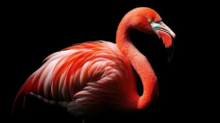 A single pink flamingo stands against a black background with its head turned to the side, showcasing its vibrant plumage.