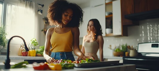 Bustling kitchen scene featuring two women engrossed in food prep