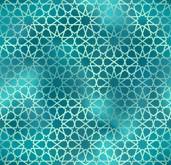 Obraz premium Traditional Islamic seamless pattern. Shiny green foil Turkish background. Mosque window golden gradient grid mosaic texture.