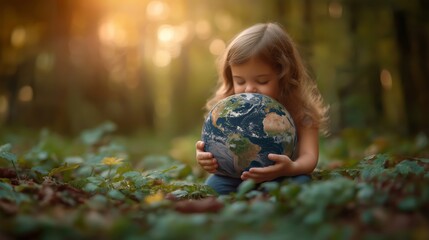 Fototapeta premium Young Girl Embracing Earth Globe While Sitting in a Forest, Symbolizing Environmental Protection and Love for Our Planet, Surrounded by Nature at Sunset