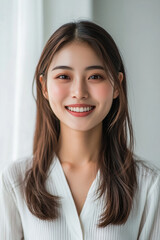 Fototapeta premium Asian woman positive smile on white background, beauty positive smile