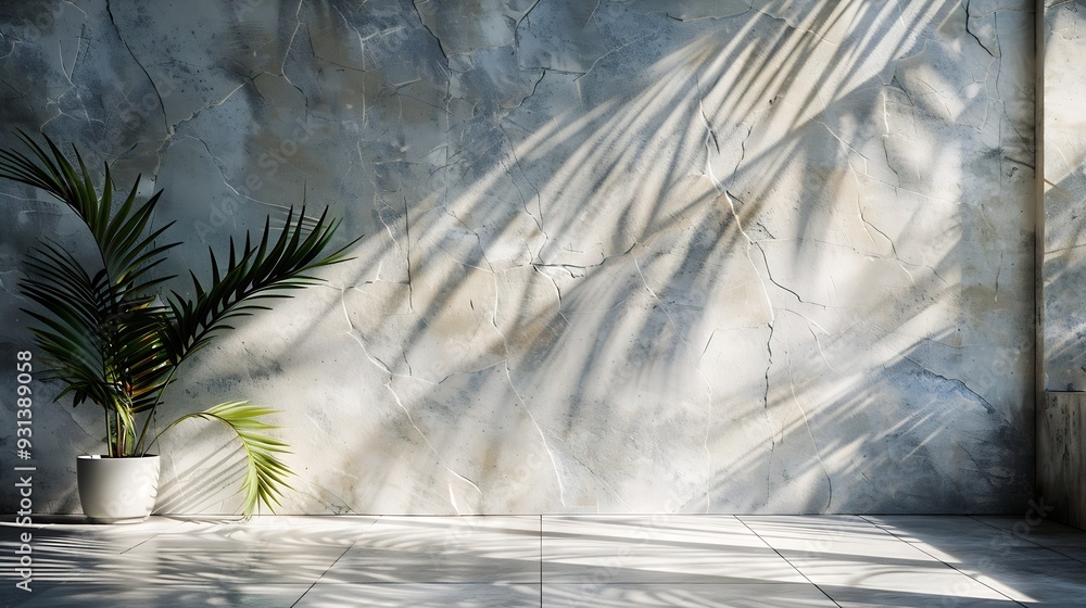 Poster natural texture stone background with palm shadow and sunlight summer tropical product placement pod