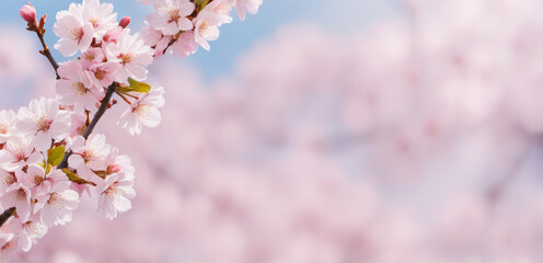 Obraz premium Sakura. Branches with pink flowers on a plain background for publications.