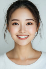 Asian woman positive smile on white background, beauty positive smile