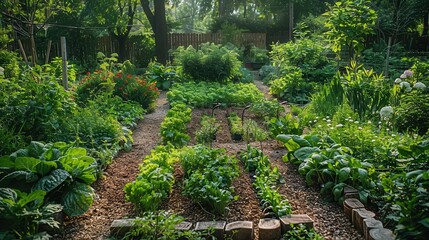 Permaculture garden with diverse plant species,