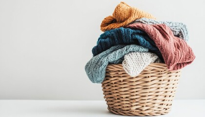 Obraz premium Knitted Sweaters in a Wicker Basket.