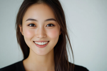 Fototapeta premium Asian woman positive smile on white background, beauty positive smile