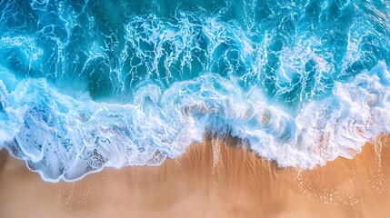 Naklejka premium Ocean waves on the beach as a background Aerial top down view of beach and sea with blue water waves Beautiful natural summer vacation holidays background in Vietnam Vietnam beach : Generative AI