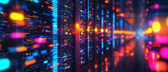 Fototapeta premium Blurred image of a data server room with colorful lights representing data transfer 