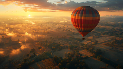 Obraz premium Vibrant Hot Air Balloon Drifting Over Serene Farmland at Breathtaking Sunset