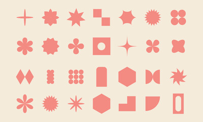 Retro vintage set geometric shapes. Trendy abstract minimalist figures, stars, flowers, circles. Modern abstract graphic elements. Brutalist geometric shapes.
