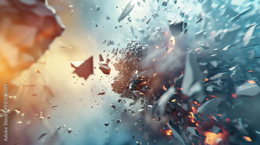Poster a 3d abstract scene where a solid object is breaking apart into fragments, with shards flying outwar