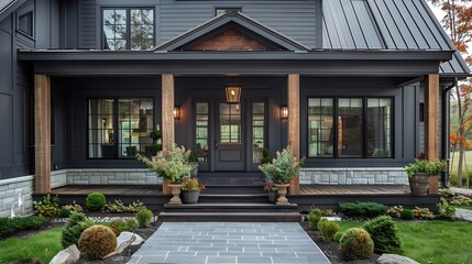 Fototapeta premium Modern farmhouse dark grey with front porch : Generative AI