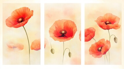 This three-piece set of wall art features white and gold flowers on a minimalist background