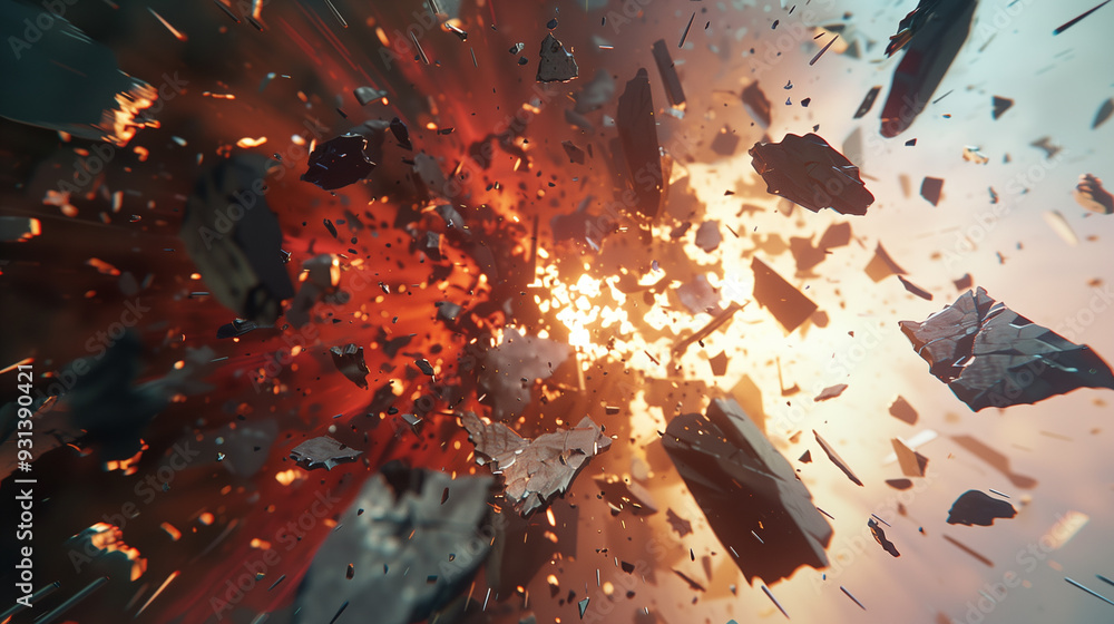 Poster a 3d abstract scene where a solid object is breaking apart into fragments, with shards flying outwar