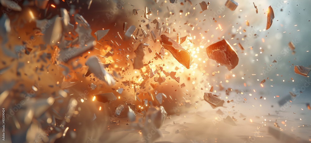 Poster a 3d abstract scene where a solid object is breaking apart into fragments, with shards flying outwar