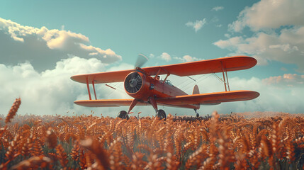 Vintage Biplane Soaring Over Golden Wheat Fields in Serene Countryside Landscape