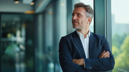 Fototapeta premium Happy Confident Mature Businessman Investor Standing in Office: Thinking About Future Success