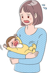 泣きじゃくる赤ちゃんと母親のイラスト