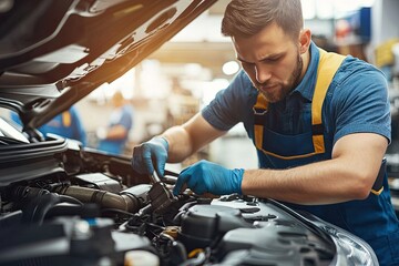 Obraz premium Auto mechanic working on car broken engine in mechanics service or garage. Transport maintenance wrench detial