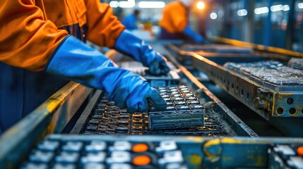 Sorting and Processing Used Car Batteries in Recycling Plant: Workers in Protective Gear Managing Battery Waste
