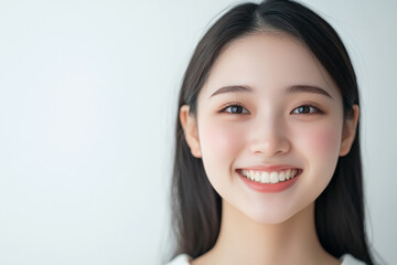 Fototapeta premium Asian woman positive smile on white background, beauty positive smile