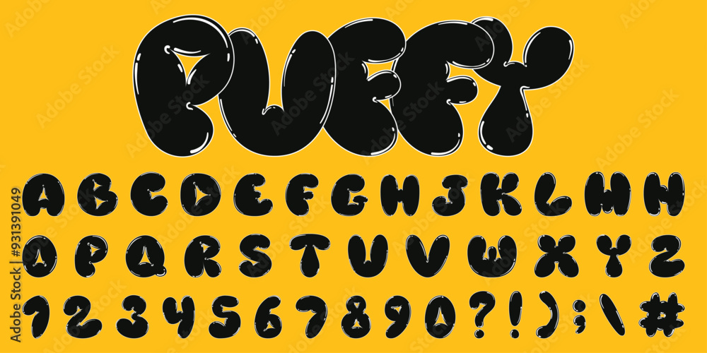 Poster fun playful english alphabet with inflatable letter effect in retro linear style. vector black hand 