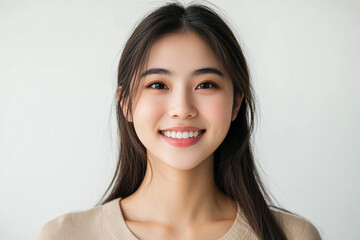Obraz premium Asian woman positive smile on white background, beauty positive smile