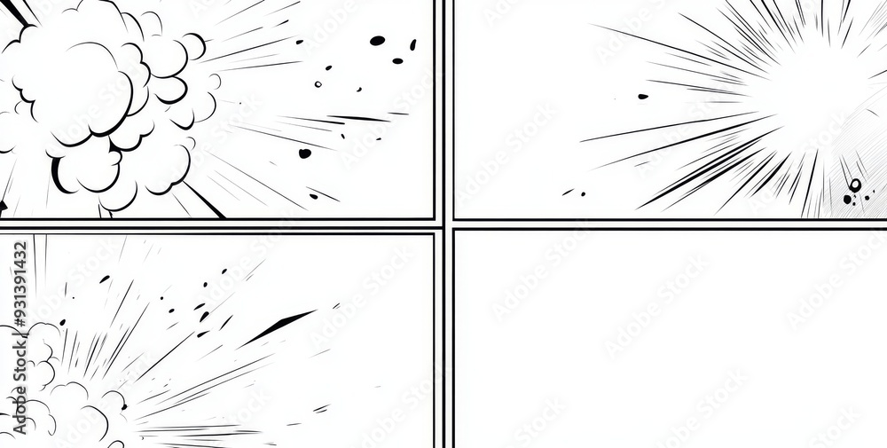 Poster an illustration of circular explosions isolated on white, with rays of detonation and the dynamics o