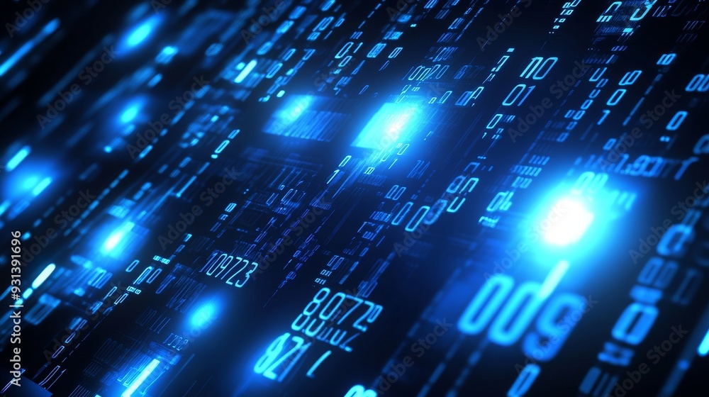 Poster blue binary data tunnel with worm hole background and neon style.
