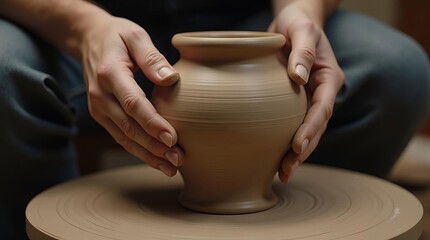 Artisanal Pottery Creation: Close-up of Hands Shaping Clay on Spinning Wheel