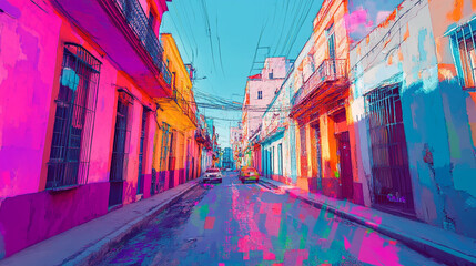 Fototapeta premium Colorful street in a vibrant neighborhood showcasing lively buildings and utility lines during bright daylight