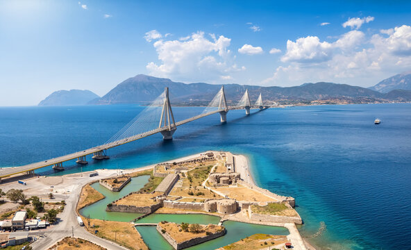 Aerial view of the big suspension bridge between Rio and Antirio with the frotress in front, Peloponnese, Greece