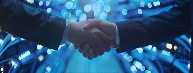 Close up of two business people shaking hands in front of blue network cables, corporate background