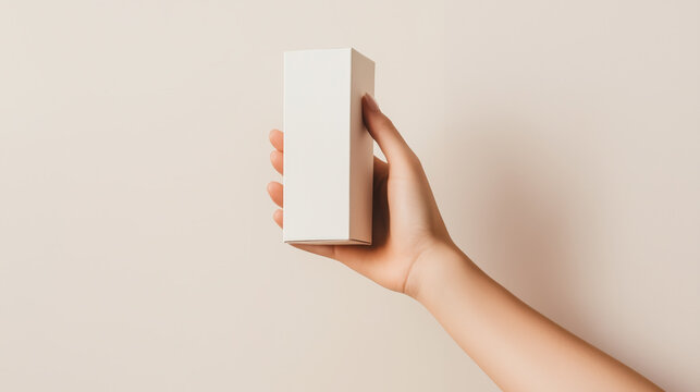 hand of woman holding a a blank cardboard box packaging mockup brand identity mock up branding