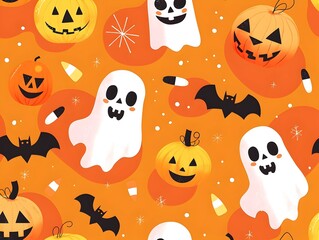 Naklejka premium Festive Halloween Themed Seamless Pattern with Cute Ghost Pumpkin and Bat Designs