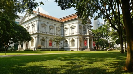 Obraz premium The National Gallery Singapore, housed in the historic City Hall and Supreme Court buildings, showcases Southeast Asian art and Singaporean heritage.