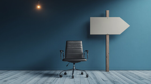 3D rendering of an office chair with a blank direction signpost arrow, capturing its symbolic meaning related to career change and development